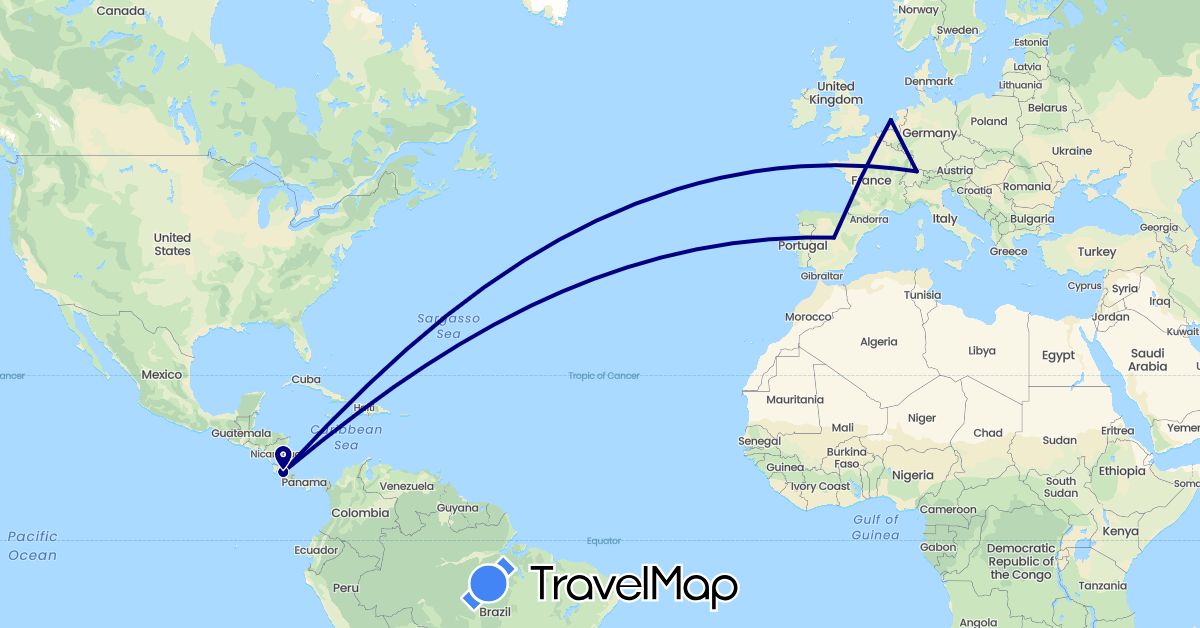 TravelMap itinerary: driving in Switzerland, Costa Rica, Spain, Netherlands (Europe, North America)